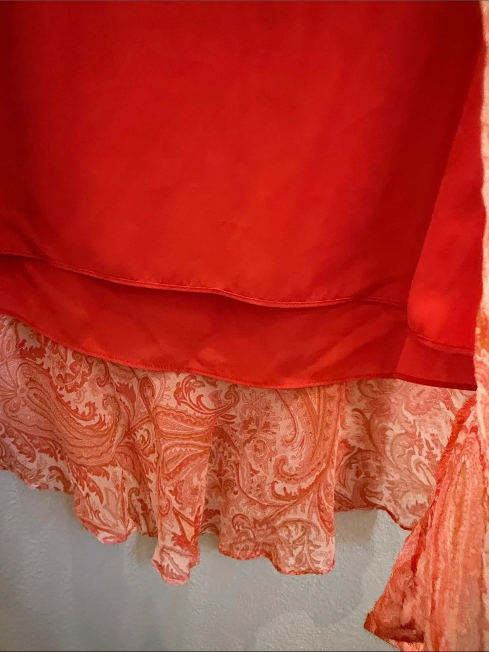 Banana Republic Women’s Coral & Orange Paisley High-Low Ruffle Skirt 100% Silk